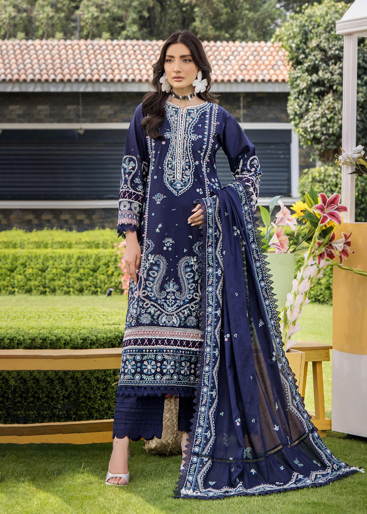 ESHAISHA | Stitched Luxury Lawn Suit | Royal Blue Bloom