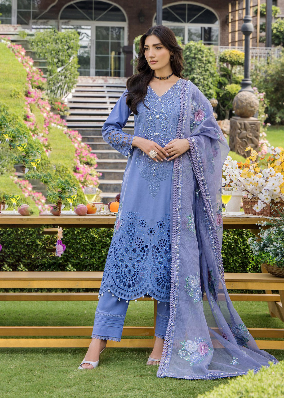 ESHAISHA | Stitched Luxury Lawn Suit | Sky Grace