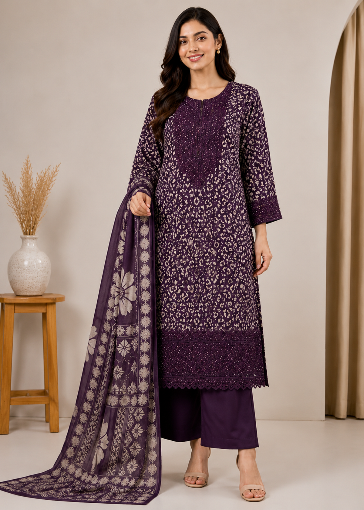 Printed Viscose Suit with Embroidered Hem & Woven Dupatta — 3-Piece Set