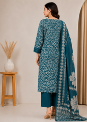 Printed Viscose Suit with Embroidered Hem & Woven Dupatta — 3-Piece Set