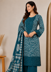 Printed Viscose Suit with Embroidered Hem & Woven Dupatta — 3-Piece Set