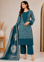 Printed Viscose Suit with Embroidered Hem & Woven Dupatta — 3-Piece Set